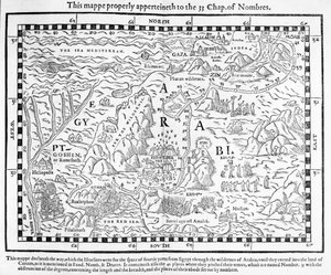 Um mapa mostrando a jornada dos israelitas para fora do Egito e para Canaã, fac-símile de uma imagem da Bíblia de Genebra de 1560